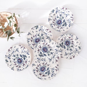 SET OF 6 Vintage Johnson Brothers Rose Chintz Blue 8" Dessert Salad Plates- English Cottagecore China Staffordshire- Rare Johnson Bros China