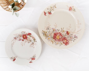 Antique Luneville Ironstone Transfer ware Platter, Reine Marguerite Large Floral Plates , French Farmhouse Red Chrysanthemum c.1890.