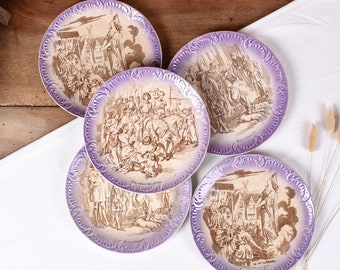 Juego de 5 platos de postre antiguos de Sarreguemines con decoración de Juana de Arco - Vajilla francesa Juana de Arco, platos coleccionables - Brown Transferware