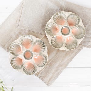 Set 2 Vintage French Sarreguemines Oyster Plates - Pink Gray Shell Design - Antique Seafood Dinnerware - Rustic Coastal Decor w/Flaws.