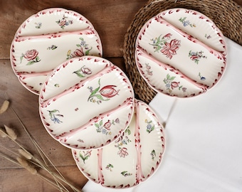 Platos de espárragos de Sarreguemines, antigua cerámica francesa de finales del siglo XIX. Este lote incluye 4 platos decorados, en loza fina.