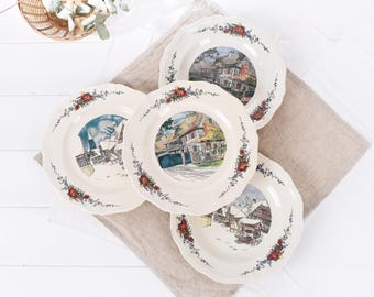 SET OF 4 Obernai Sarreguemines Plates – Vintage French Dinnerware - Rustic Farmhouse Kitchen Décor