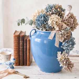 Olla de confitura azul antigua francesa - Frasco de confitura de terracota esmaltada de 25 cm - Dos asas - Cerámica de granja primitiva - Cerámica esmaltada azul - Francia