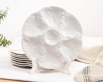 Antique French Oyster Plate of Gien. Majolica White Oyster Plate, Seafood Plate. Vintage Barbotine, French Antique- US Customs Fees Covered