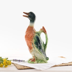 Rare Antique French St Clément Majolica Duck Water Pitcher- Hand-Painted Mallard Jug- Barbotine Ceramic- French Farmhouse Kitchen Decor
