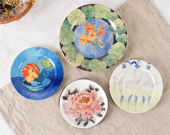 4 miniplatos decorativos Gien France, loza floral colorida, dalias pintadas a mano, colecciones Evasion y Alice, platos pequeños franceses