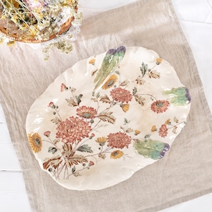 Antique French Barbotine Majolica Platter – Floral Plate – Shabby Chic Asparagus Serving Dish – Vintage French Faience Tableware