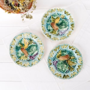 Set of 3 Antique French Majolica Plates - Art Nouveau Grape & Vine Barbotine Dinnerware - Embossed Sarreguemines Table Decor - Rare
