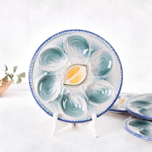 St Clement Majolica Oyster Plate - French Vintage Blue Green Seafood Dish - Coastal Kitchen Nautical Decor