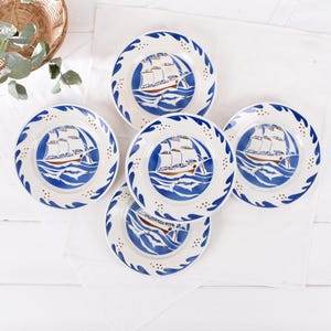 Antique French Art Deco Plate – Blue & White Nautical Plates – Vintage 1930s - Ship Dinnerware or Wall Decor for Coastal Interior