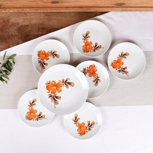 Vintage Bavaria China Dessert Plate Set of 6 – Mitterteich Porcelain Plates - Orange Floral Design - Serving Dish Included
