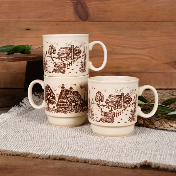 Tasses Kiln Craft STL, England. Lot de 3 tasses vintages des années 1980, décorées avec des scènes de campagne, maisons de ferme.