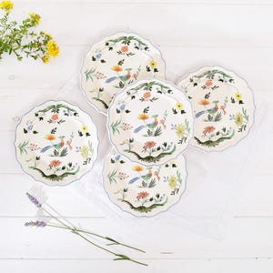 Set 5 Vintage French Gien &quot;Oiseau de Paradis&quot; Plates - Colorful Bird Floral Dinnerware - French Country Cottagecore Decor.