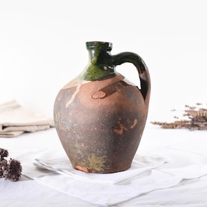 French Antique Terracotta Pitcher- Rustic Glazed Pottery- Green Enamel Jug- Farmhouse Decor- Vintage Provincial Water Jug- Wabi Sabi Vase.