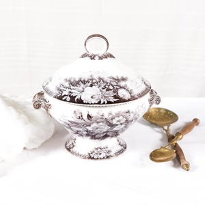 Sarreguemines Soup Tureen. Antique French Tureen With Lid. Ironstone Tureen for French Antique Decor. Black Transferware Soup Tureen Dish.
