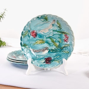 Rare Find Antique French Majolica Plate with Bird and Flower Decor - Stunning Turquoise Color - 19th Century Tableware - 1890