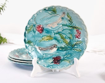Rare Find Antique French Majolica Plate with Bird and Flower Decor - Stunning Turquoise Color - 19th Century Tableware - 1890