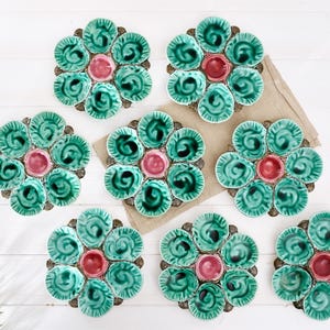 Antique French Oyster Plate- Majolica Barbotine Green & Pink- Seafood Platter- Farmhouse Coastal Wall Decor- Vintage Collectible