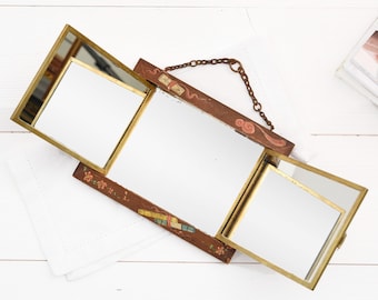 Antique Tri-Fold Wall Mirror - Vintage 1940s Folding Vanity Mirror with Painted Wooden Frame & Brass Edges – Decorative Hanging Mirror