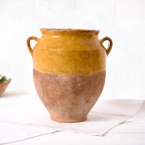 French Antique Ochre Confit Pot- Rustic Glazed Earthenware Utensil Holder- Vintage Provence Farmhouse Kitchen Decor- Brocante Pottery Vase