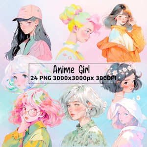 Watercolor Pastel Vintage Anime Girl Clipart Bundle, Anime 90&#39;s Girl, pink purple anime, Minimal Kawaii clipart, Sublimation, Commercial use