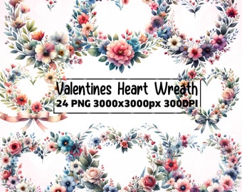 Valentine's Floral Heart Wreath, Watercolor Flower Clipart for DIY, Botanical Love Wreath Clipart, Watercolor Blooms and Foliage for Wedding