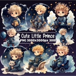Water color Little prince clipart, Starry Night Boy and Pet, Fairy Tale Theme, Whimsical Digital Art Print, Romantic Dream, Comercial use