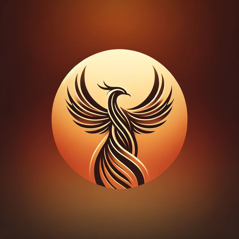 May include: A stylized illustration of a phoenix rising, set against a warm, golden-orange background. The phoenix is depicted with flowing lines in shades of brown and black, with outstretched wings and a detailed tail. The design is circular, with a gradient effect.