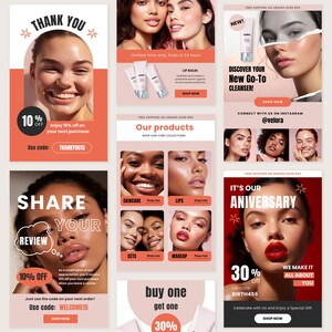 Puede incluir: Una colecci&oacute;n de gr&aacute;ficos para redes sociales de una marca de belleza. Los gr&aacute;ficos presentan im&aacute;genes de personas con diferentes tonos de piel y looks de maquillaje. Los gr&aacute;ficos promocionan varios productos, incluyendo b&aacute;lsamo labial, cuidado de la piel y conjuntos de maquillaje. Los gr&aacute;ficos tambi&eacute;n incluyen ofertas promocionales, como 10% de descuento y compra uno, ll&eacute;vate otro con 30% de descuento.
