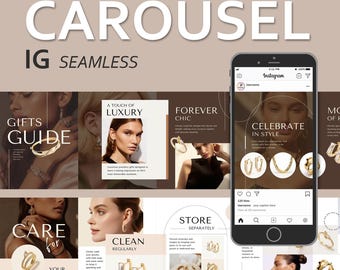 Puede incluir: Un carrusel de publicaciones de Instagram que promocionan joyas. Las publicaciones presentan imágenes de joyas, incluyendo aretes, collares y pulseras. El texto de las publicaciones incluye frases como "Guía de regalos", "Un toque de lujo", "Chic para siempre", "Celebra con estilo", "Cuida tus joyas", "Limpia regularmente" y "Guarda por separado".