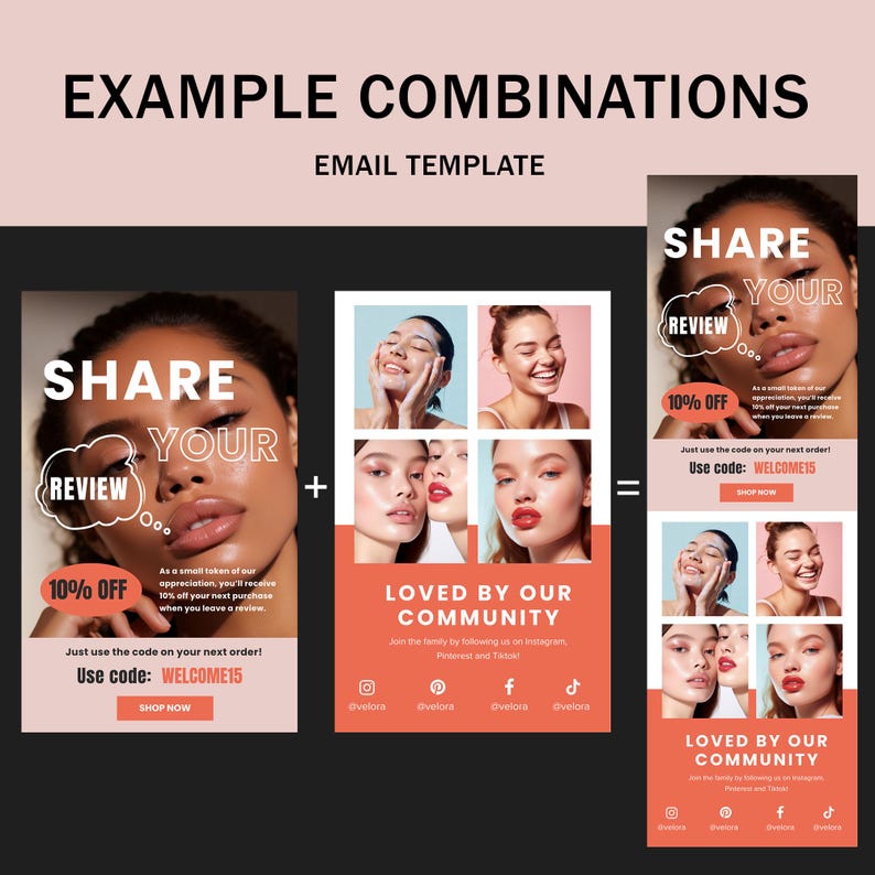Puede incluir: Una plantilla de correo electr&oacute;nico rosa y blanca con un collage de fotos de rostros de mujeres. El texto dice "Comparte tu rese&ntilde;a" y "Amado por nuestra comunidad". El correo electr&oacute;nico ofrece un descuento del 10% con el c&oacute;digo WELCOME15.