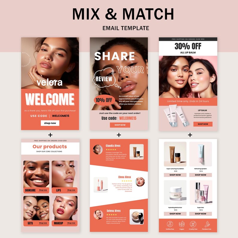Puede incluir: Una plantilla de correo electr&oacute;nico rosa y naranja para una marca de belleza llamada Velora. La plantilla presenta im&aacute;genes de mujeres que usan los productos de la marca, junto con texto que promociona descuentos y rese&ntilde;as de productos. El texto incluye las frases "Bienvenido", "Comparte tu rese&ntilde;a", "30% de descuento en todos los b&aacute;lsamos labiales" y "Nuestros productos".