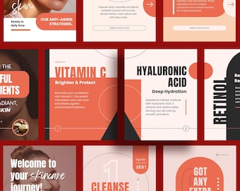 Puede incluir: Un collage de imágenes que promocionan productos para el cuidado de la piel. Las imágenes presentan texto sobre los beneficios de la vitamina C, el ácido hialurónico y el retinol. El texto "The Secrets to Youthful Skin" aparece en la esquina superior izquierda del collage.