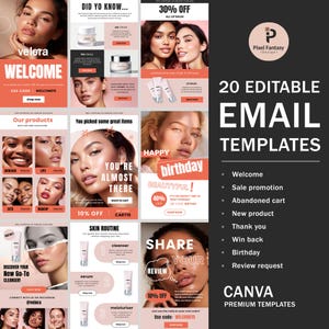 May include: 20 Editable Email Templates for Canva. The templates feature a variety of designs, including a welcome email, a sale promotion email, an abandoned cart email, a new product email, a thank you email, a win back email, a birthday email, and a review request email. The templates are designed to be used with Canva, a popular online design platform.