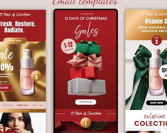 Puede incluir: Un gráfico promocional para los "12 Días de Navidad" con plantillas de correo electrónico. El diseño incluye cajas de regalo apiladas, imágenes de productos y texto como "Fresh. Restore. Radiate." y "Vitamin C". La combinación de colores es principalmente roja y dorada.