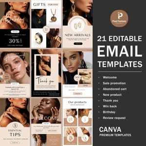 Può includere: 21 modelli di email modificabili per aziende di gioielleria. I modelli presentano una varietà di design, tra cui una vendita di compleanno, nuovi arrivi e un messaggio di ringraziamento. I modelli sono progettati per essere utilizzati con Canva.