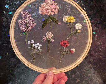 Handmade “Vintage Floral Chart” inspired Stumpwork Embroidery on tulle