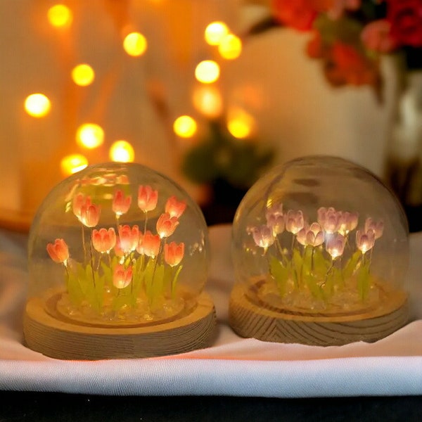 DIY Tulip Night Light Lamp Kit With Wooden Base: Heat Shrinkable Film Flower Craft - Perfect Home Decor & Gift For Her