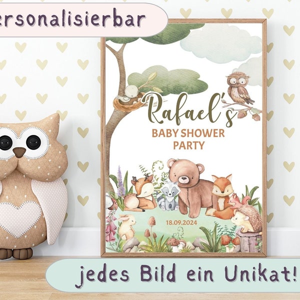 Personalisierbares Baby Shower Party Willkommens Bild Geschenk Taufe Geburt Geburtstag Name Kinderzimmer Wald Tiere Wandbild Digital Natur