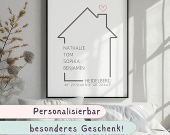 Einzugsgeschenk Personalisiertes Familien Poster Koordinaten Bild Wohnung Haus Zuhause Geschenk Einzug Hausbau Bilder Namen Liebe Umzug Map
