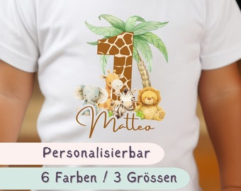 T-Shirt Geburtstagsshirt personalisiert Geburtstagskind Junge Mädchen Dschungeltiere Safari Giraffe Zebra Löwe Wild One 1. Geburtstag Kinder