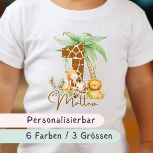 Kleinkinder T-Shirt mit einem Dschungel Motiv und der Zahl 1 für den ersten Geburtstag