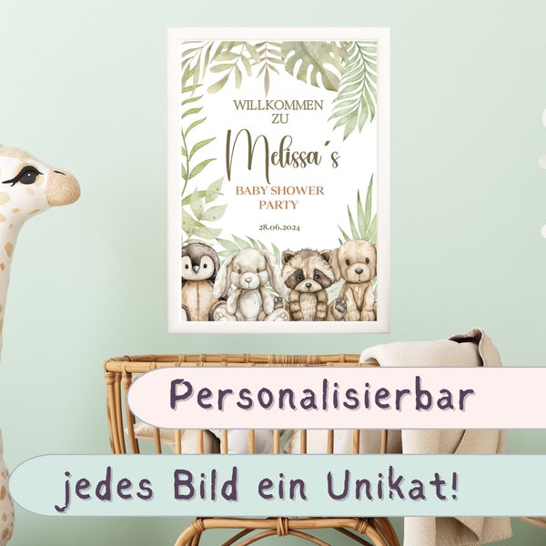 Personalisierbares Baby Shower Party Willkommens Bild Geschenk Taufe Geburt Geburtstag Name Kinderzimmer Dschungel Tiere Wandbild Digital