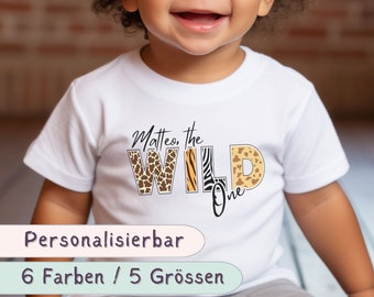 T-Shirt Geburtstagsshirt personalisiert Geburtstagskind Junge Mädchen Dschungeltiere Safari Giraffe Zebra Löwe Wild One 1. Geburtstag Kinder