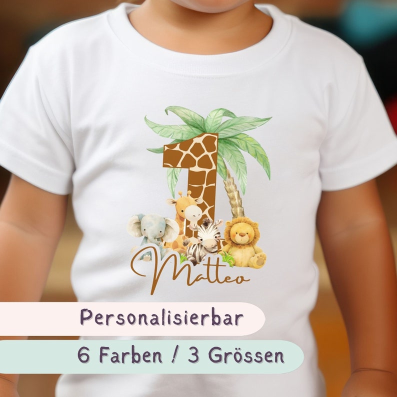 Kleinkinder T-Shirt mit einem Dschungel Motiv und der Zahl 1 für den ersten Geburtstag