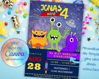 Personalisierte Einladungskarte Kindergeburtstag Jungs Mädchen Alien Motiv Weltall Kinder Party Einladung DIY individuell sofort download