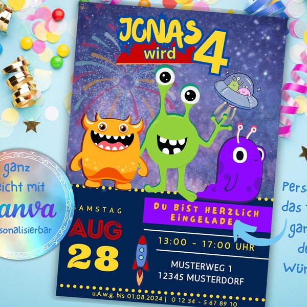 Personalisierte Einladungskarte Kindergeburtstag Jungs Mädchen Alien Motiv Weltall Kinder Party Einladung DIY individuell sofort download