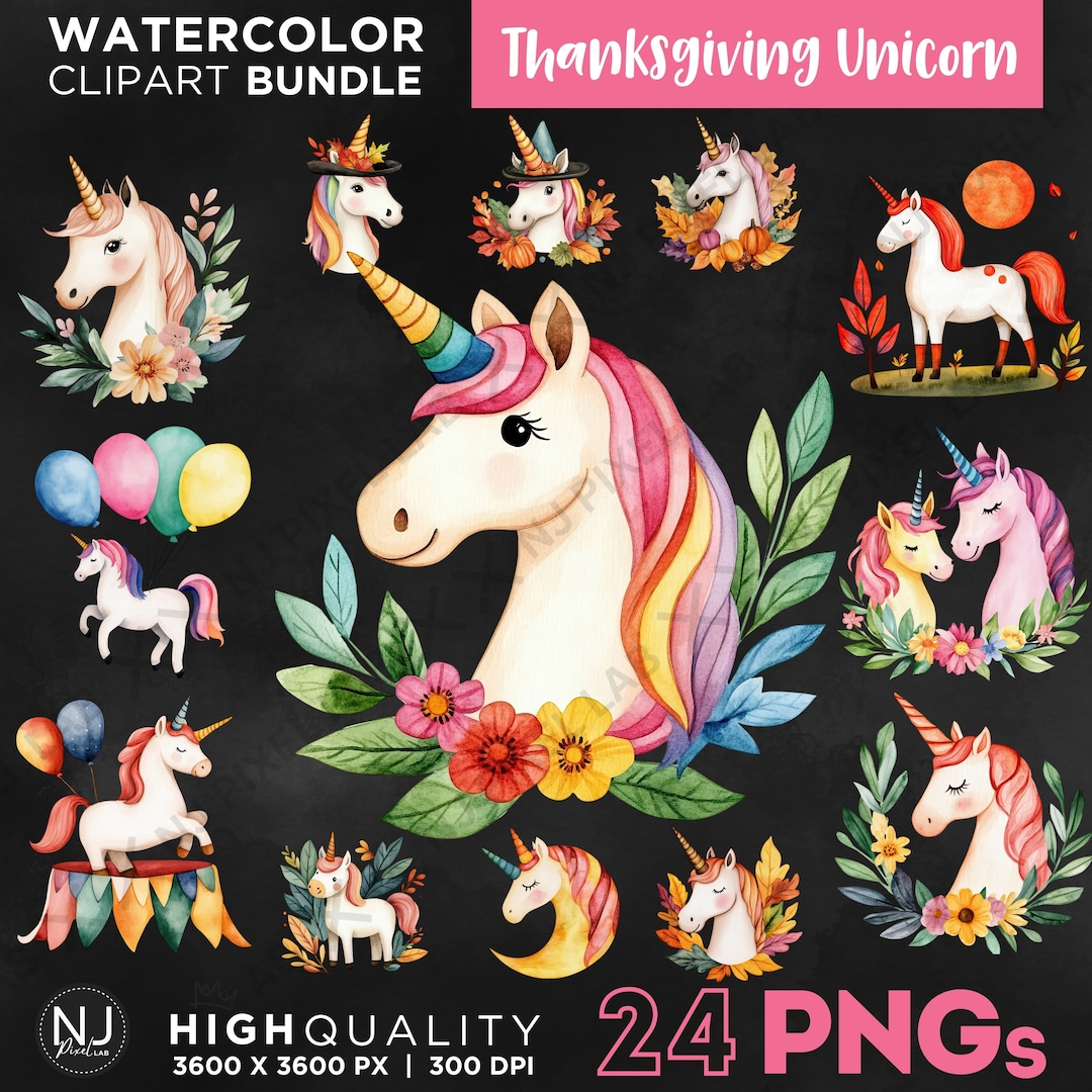 Thanksgiving Unicorn Clipart, Cute Unicorn PNG, Thanksgiving Watercolor ...