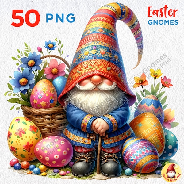 Watercolor Easter Gnomes Clipart, Cute Colorful Easter Gnome, Spring Clipart, Easter Bunny Gnomes PNG, 50 High Quality PNGs, Commercial use