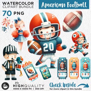 Lindo conjunto de imágenes prediseñadas de fútbol americano en acuarela, lindas ilustraciones deportivas, sublimación de fútbol PNG, día del juego PNG, deportes PNG, uso comercial
